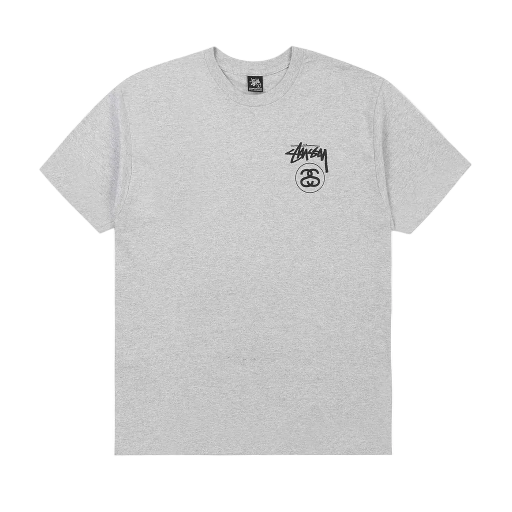 Gray heathered Stussy Stock Link Tee with black signature logo and circular emblem on the left chest