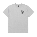 Gray heathered Stussy Stock Link Tee with black signature logo and circular emblem on the left chest