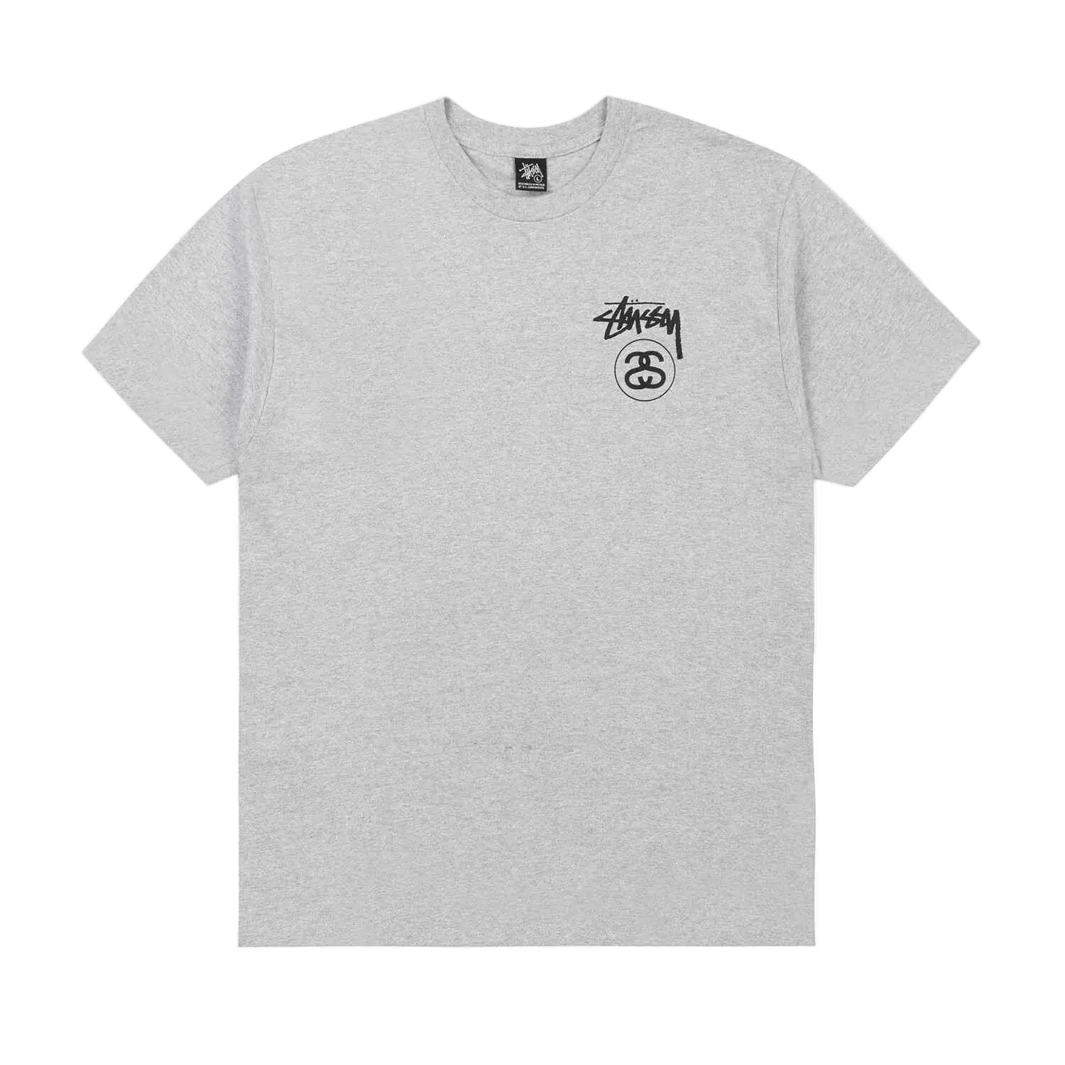 Gray heathered Stussy Stock Link Tee with black signature logo and circular emblem on the left chest