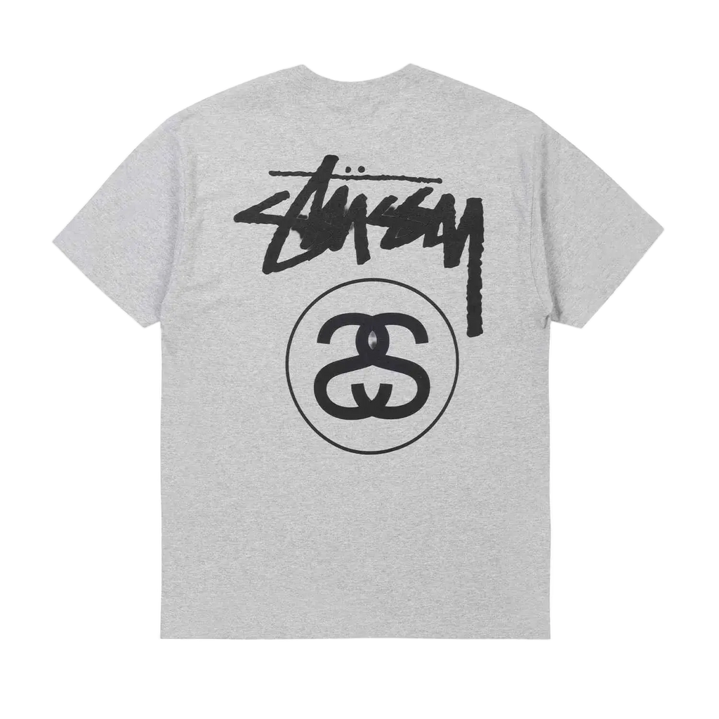 Back view of heather gray stussy stock link tee with bold black signature logo and circular interlocking s emblem