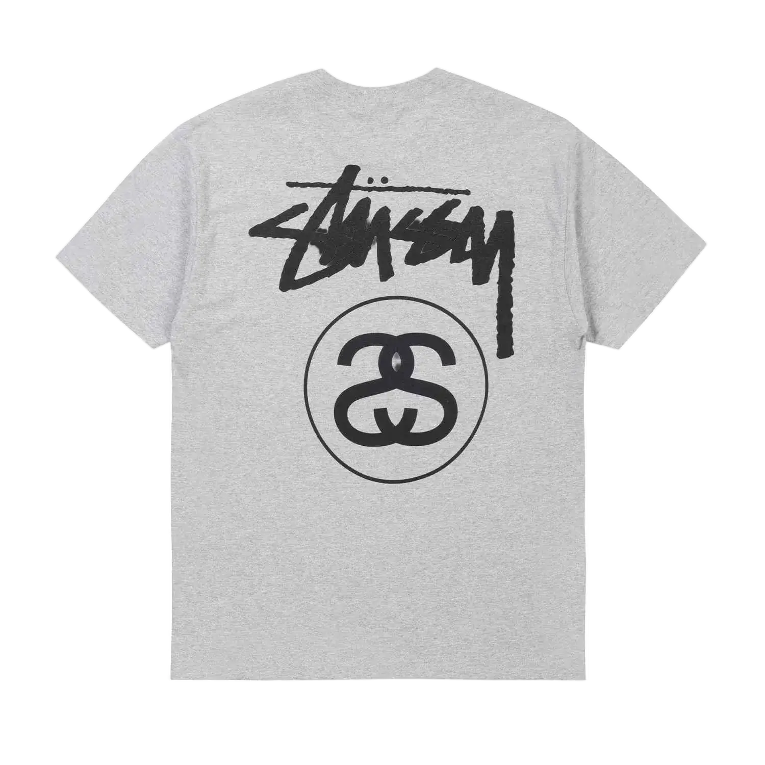 Back view of heather gray stussy stock link tee with bold black signature logo and circular interlocking s emblem