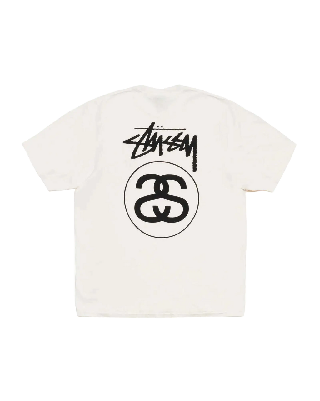 Off-white stussy stock link tee natural showing back with black stylized logo and circular emblem on cotton t-shirt