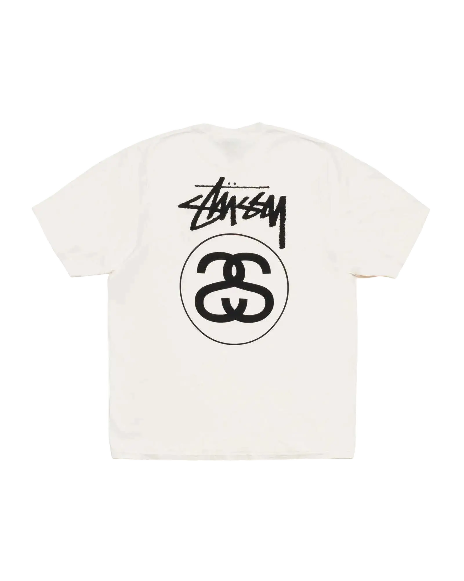 Off-white stussy stock link tee natural showing back with black stylized logo and circular emblem on cotton t-shirt