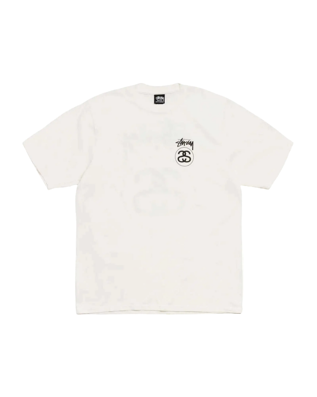 White stussy stock link tee natural with black logo on chest made of comfortable cotton fabric