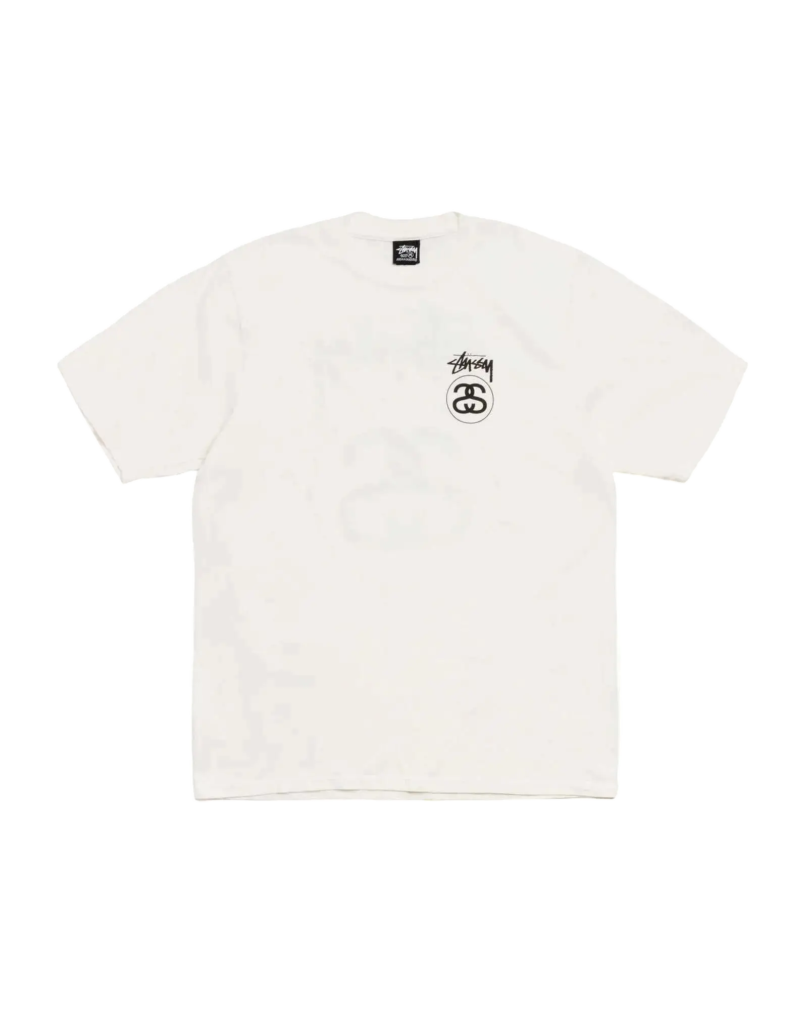 White stussy stock link tee natural with black logo on chest made of comfortable cotton fabric
