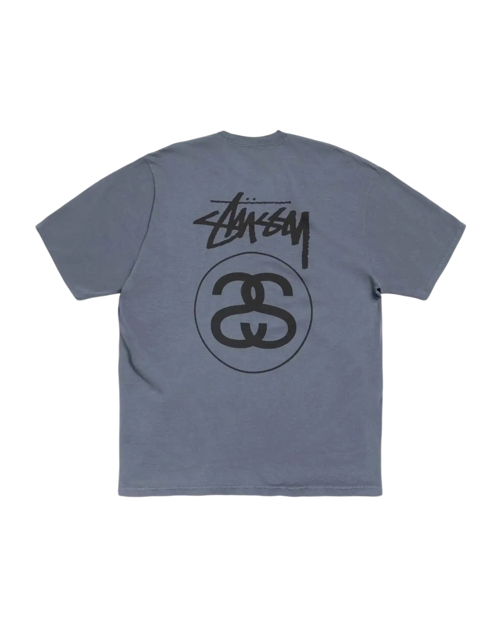 Light gray stussy stock link tee navy showing back side with black stylized logo and circular emblem on cotton fabric