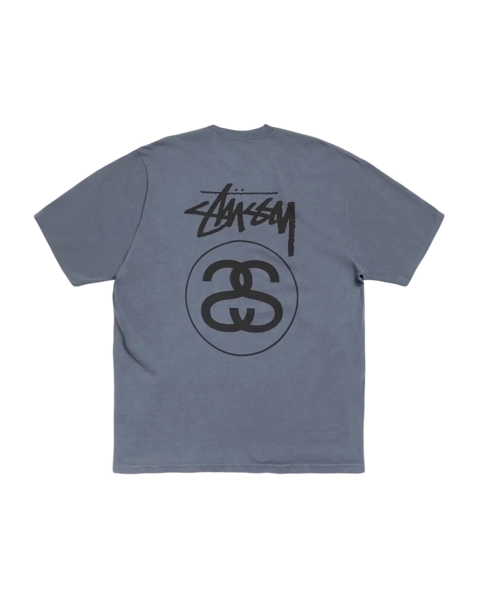 Light gray stussy stock link tee navy showing back side with black stylized logo and circular emblem on cotton fabric