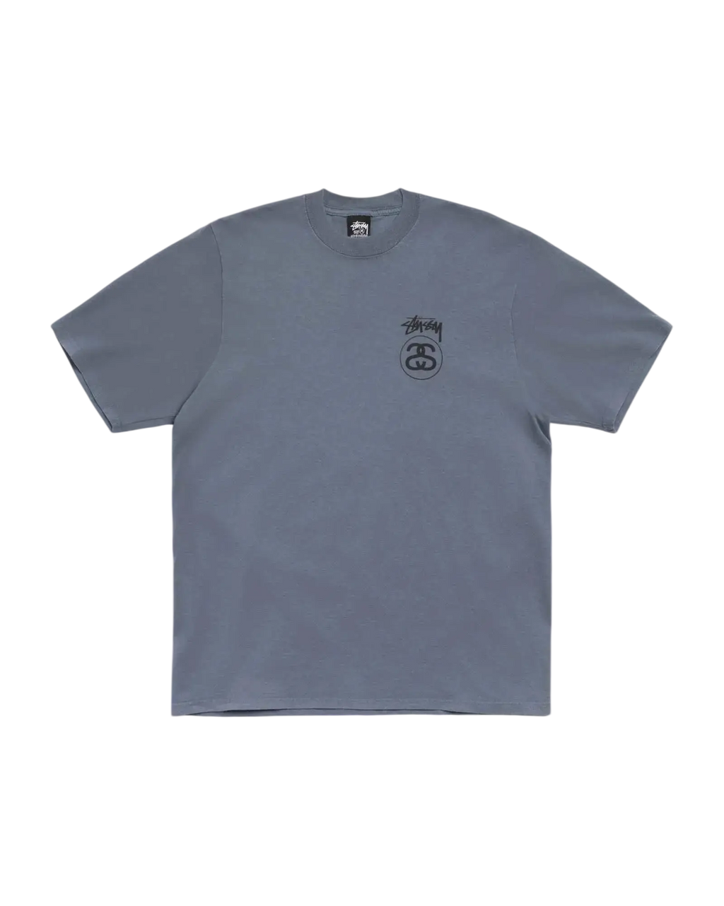 Light gray stussy stock link tee with subtle black logo on chest in a soft cotton fabric for casual wear