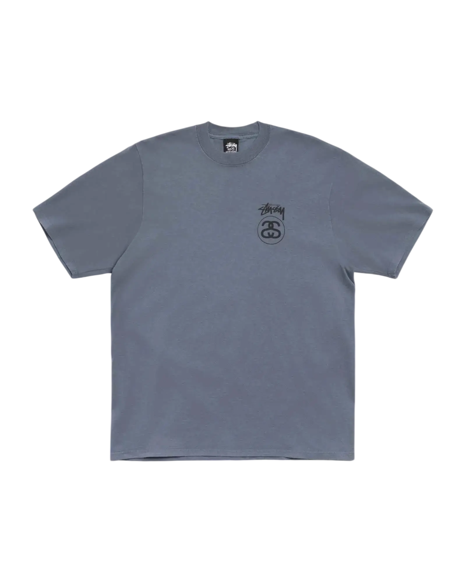 Light gray stussy stock link tee with subtle black logo on chest in a soft cotton fabric for casual wear