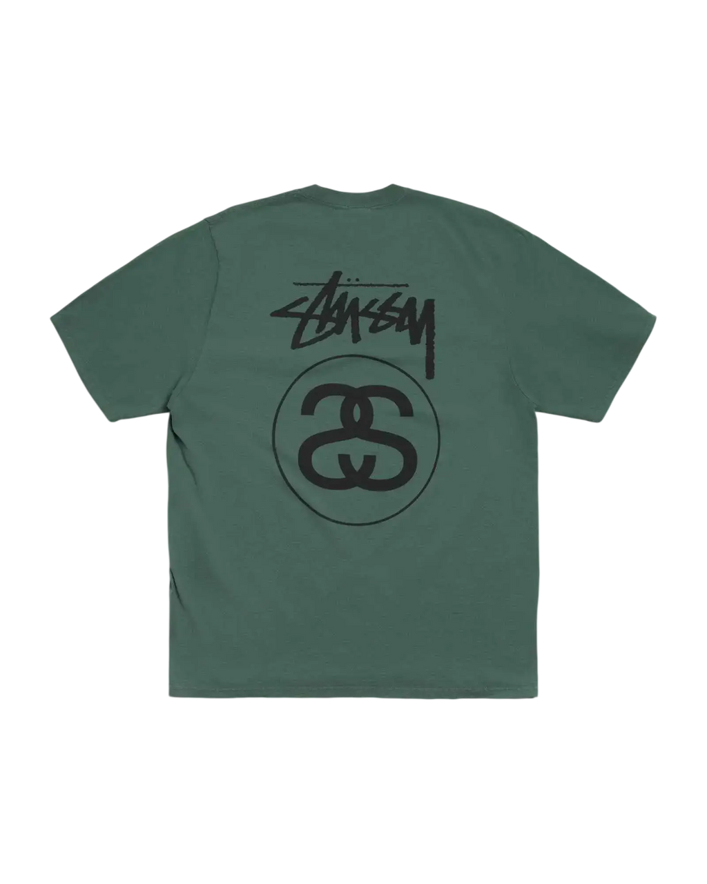 A mint green Stussy Stock Link tee with a black graffiti style logo and circular interlocking S emblem