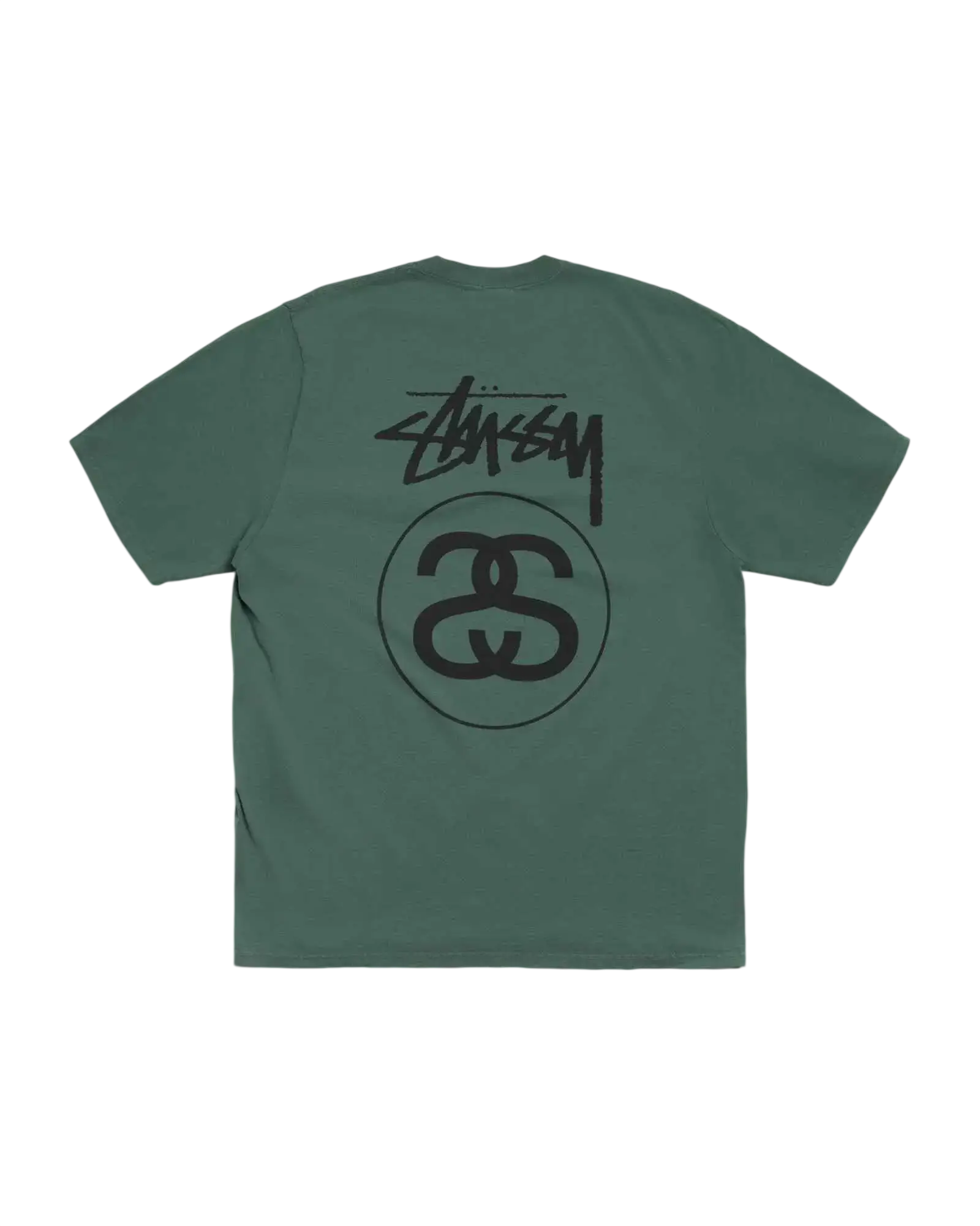 A mint green Stussy Stock Link tee with a black graffiti style logo and circular interlocking S emblem