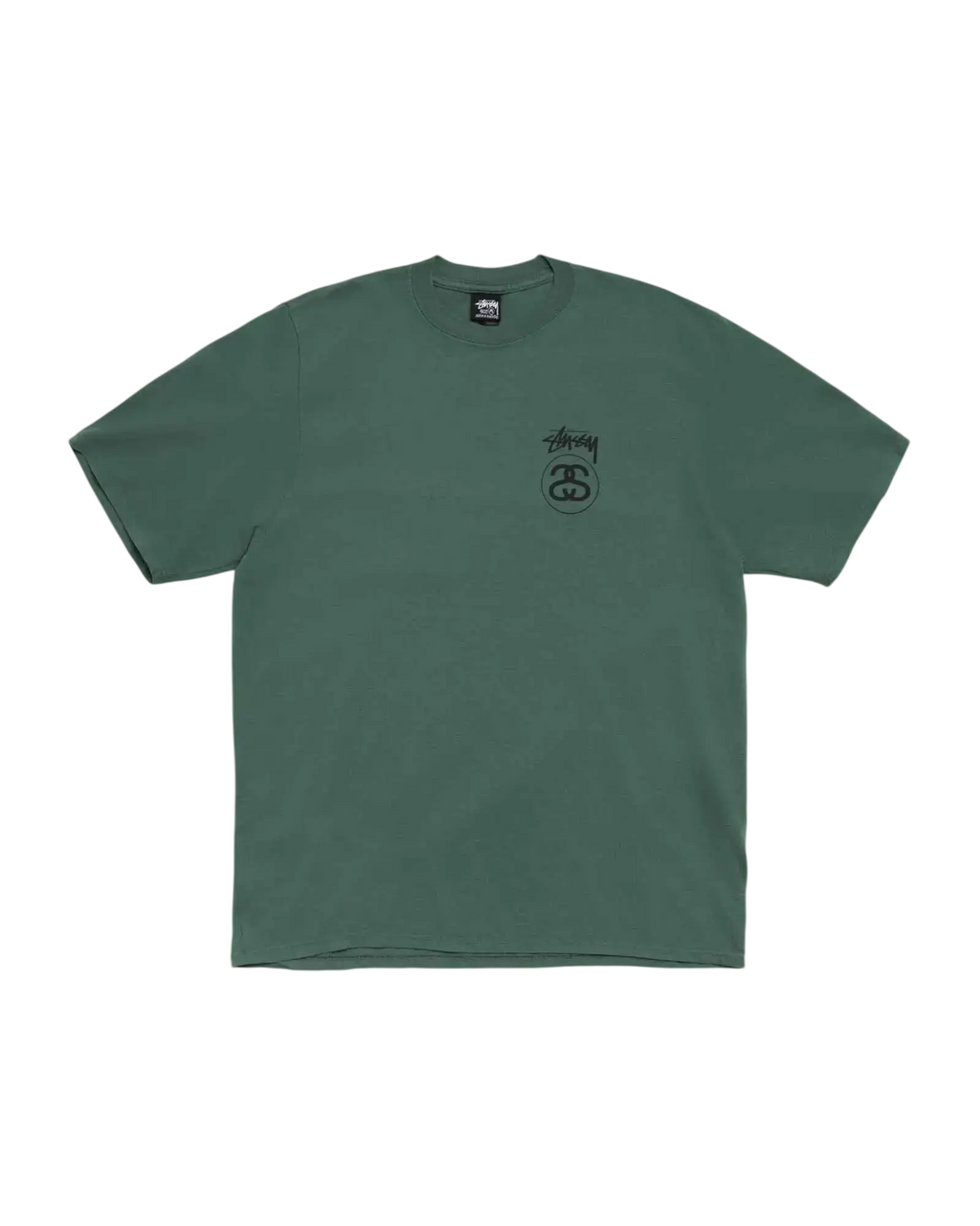 A muted green stussy stock link tee pine t shirt with a small dark embroidered logo on the left chest