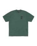 A muted green stussy stock link tee pine t shirt with a small dark embroidered logo on the left chest
