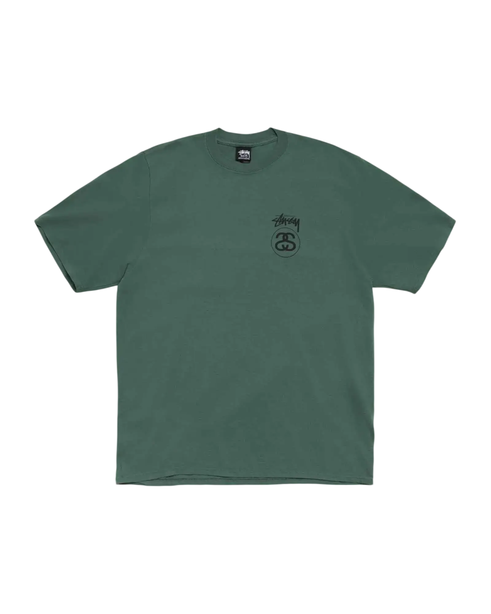 A muted green stussy stock link tee pine t shirt with a small dark embroidered logo on the left chest