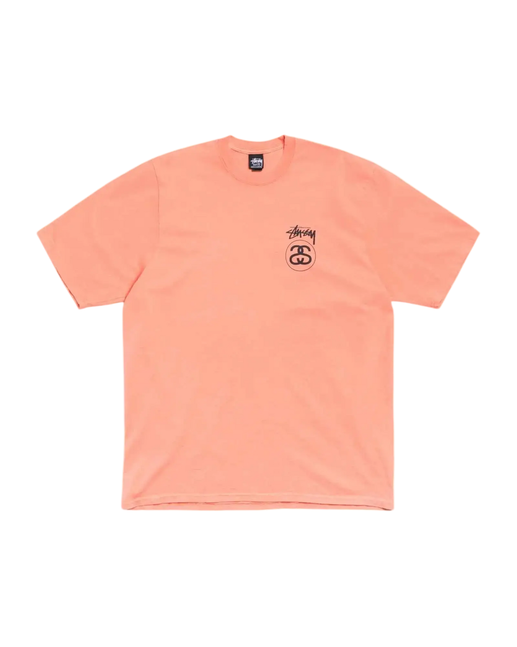 Peach-colored stussy stock link tee sherbert with a black logo on the left chest in soft cotton material