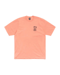 Peach-colored stussy stock link tee sherbert with a black logo on the left chest in soft cotton material