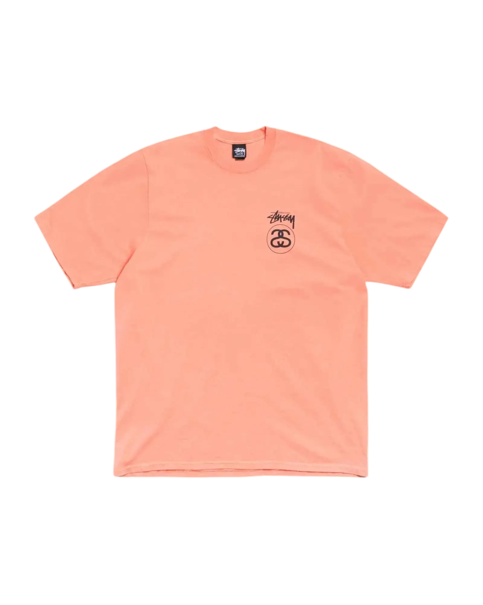 Peach-colored stussy stock link tee sherbert with a black logo on the left chest in soft cotton material