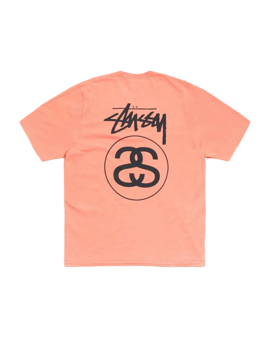 Back of a peach-colored stussy stock link tee sherbert featuring a black stylized logo and circular emblem