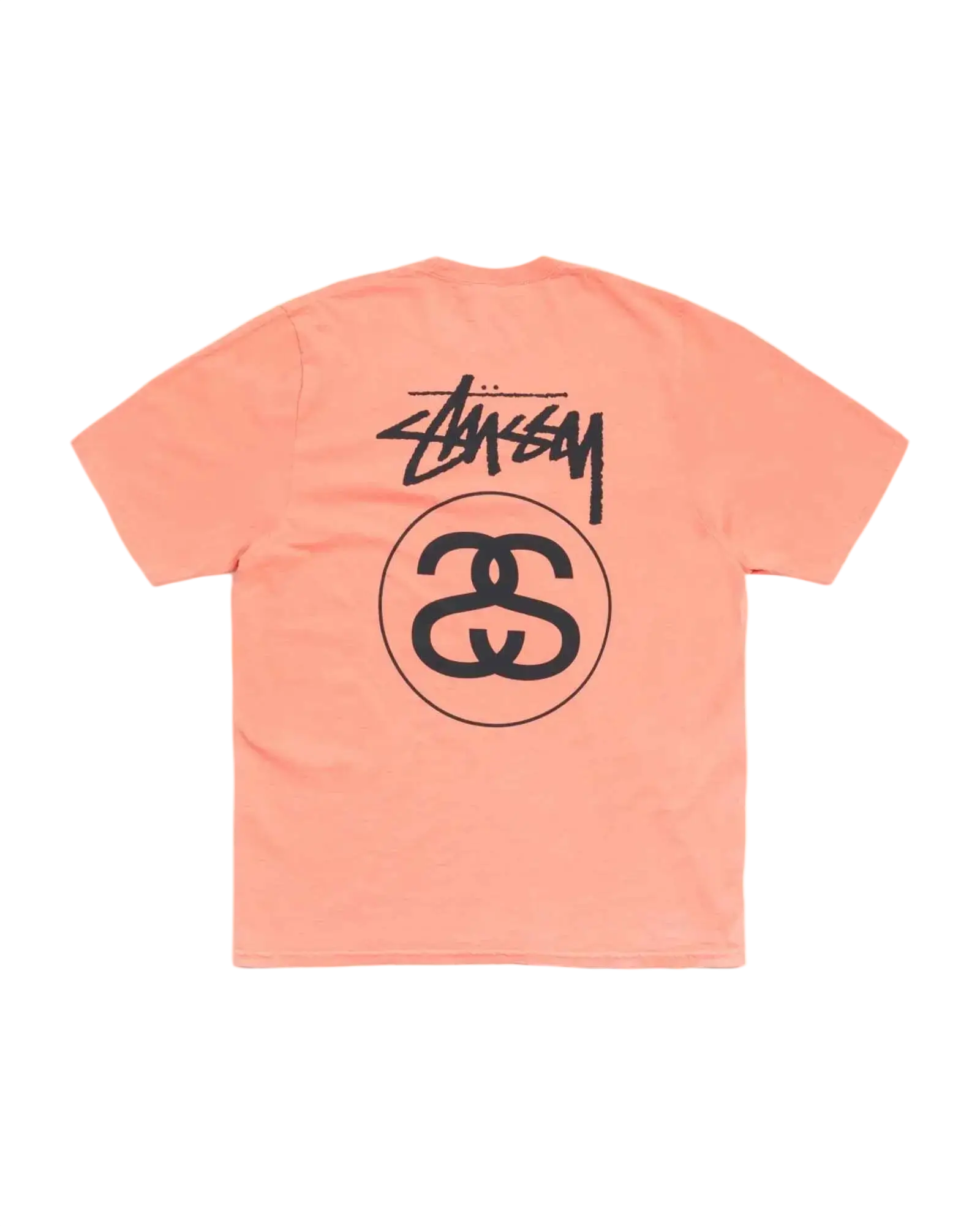 Back of a peach-colored stussy stock link tee sherbert featuring a black stylized logo and circular emblem
