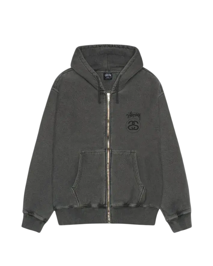 A dark gray stussy stock link zip-up hoodie with faded distressed texture and black embroidered branding on the chest
