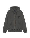 A dark gray stussy stock link zip-up hoodie with faded distressed texture and black embroidered branding on the chest