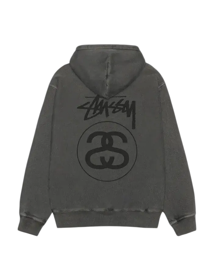 Back view of gray stussy stock link zip-up hoodie pigment dyed black with black graffiti logo and circular emblem