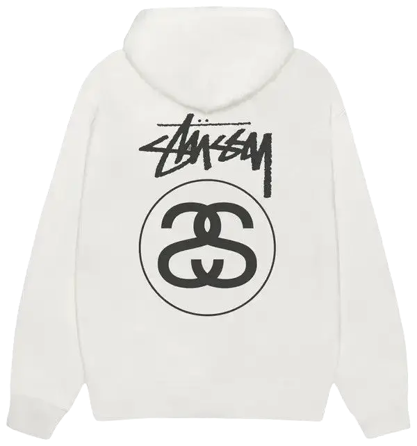 White stussy stock link zip-up hoodie pigment dyed natural showing back with black logo and circular emblem