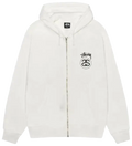White stussy stock link zip-up hoodie in pigment dyed natural with black logo and zipper in front