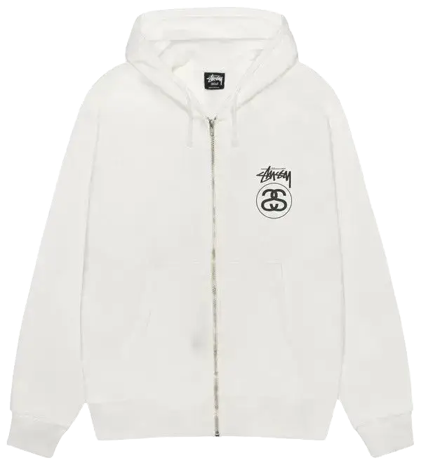 White stussy stock link zip-up hoodie in pigment dyed natural with black logo and zipper in front