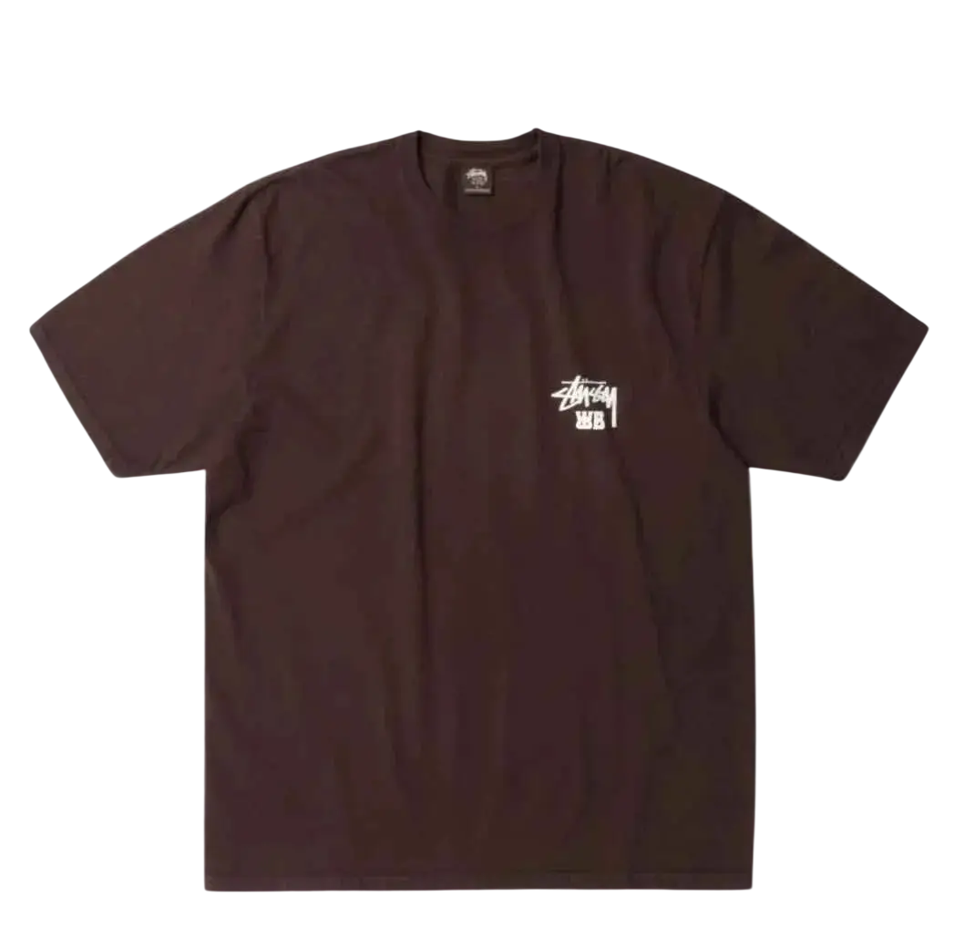 Brown stussy wales bonner ocean song tee t-shirt featuring a white logo on the left chest in cotton material