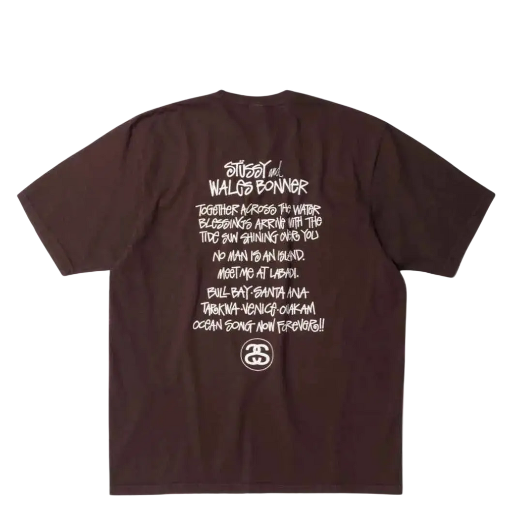 Back side of brown Stussy Wales Bonner Ocean Song Tee featuring white graffiti-style text print