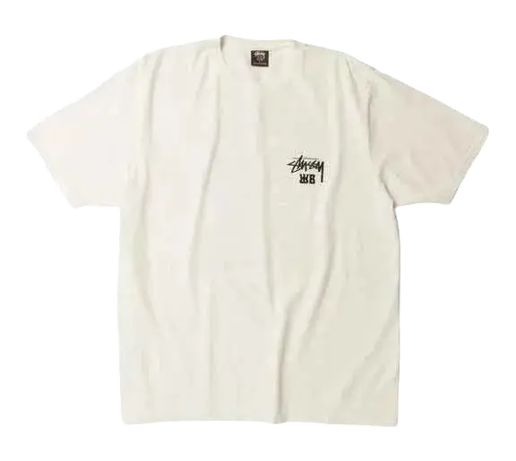 Off-white stussy wales bonner ocean song tee ivory with black signature logo on left chest in cotton fabric