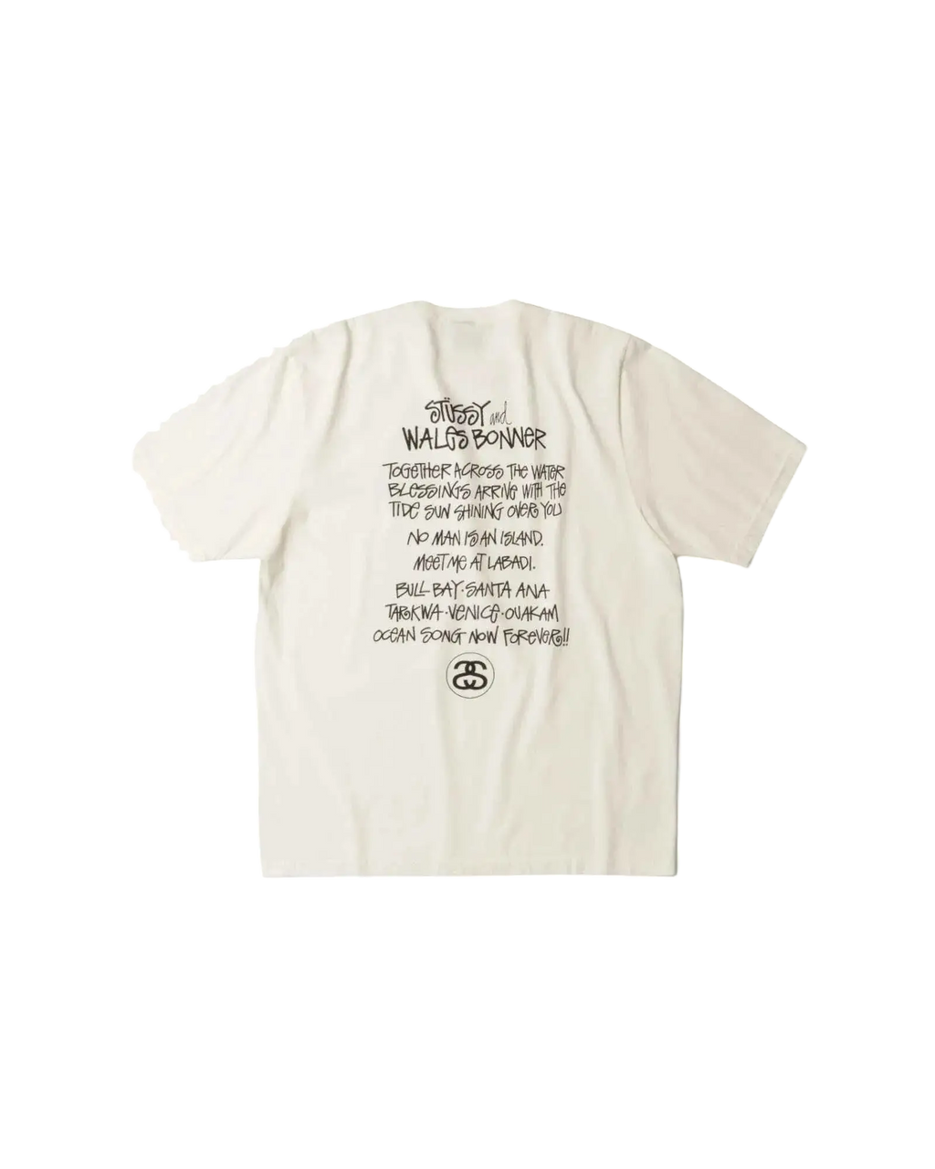 Off-white stussy x wales bonner ocean song tee ivory featuring black printed graphic with stylized text and logo