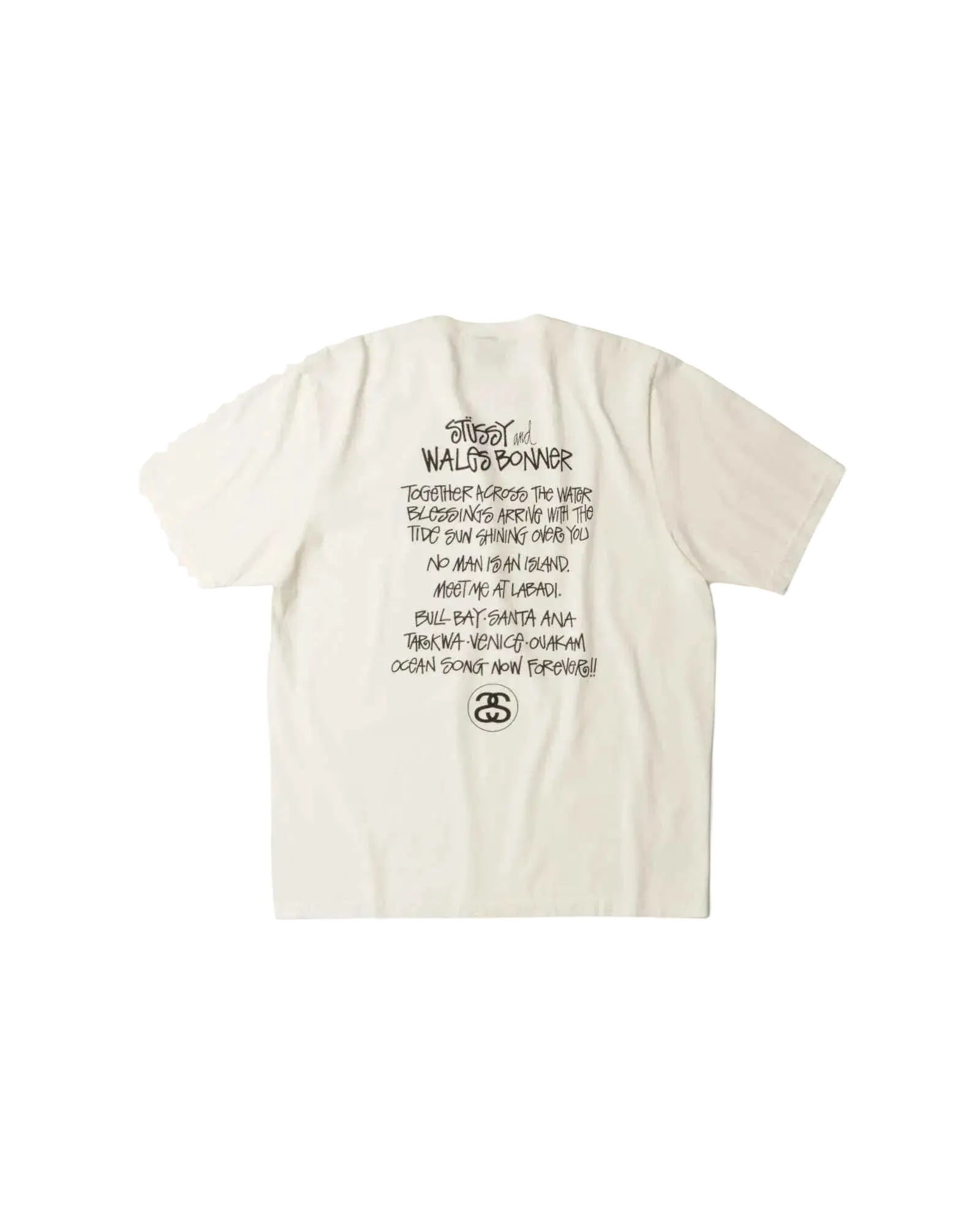 Off-white stussy x wales bonner ocean song tee ivory featuring black printed graphic with stylized text and logo