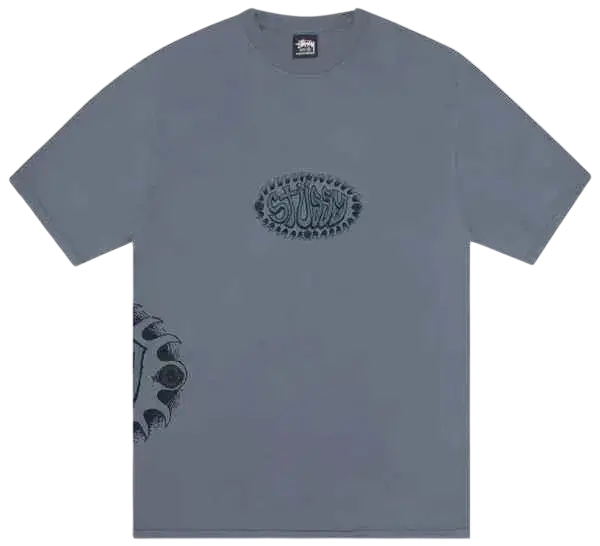 Gray stussy t-shirt with a dark stylized logo and graphic print in pigment dyed navy cotton fabric
