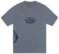 Gray stussy t-shirt with a dark stylized logo and graphic print in pigment dyed navy cotton fabric