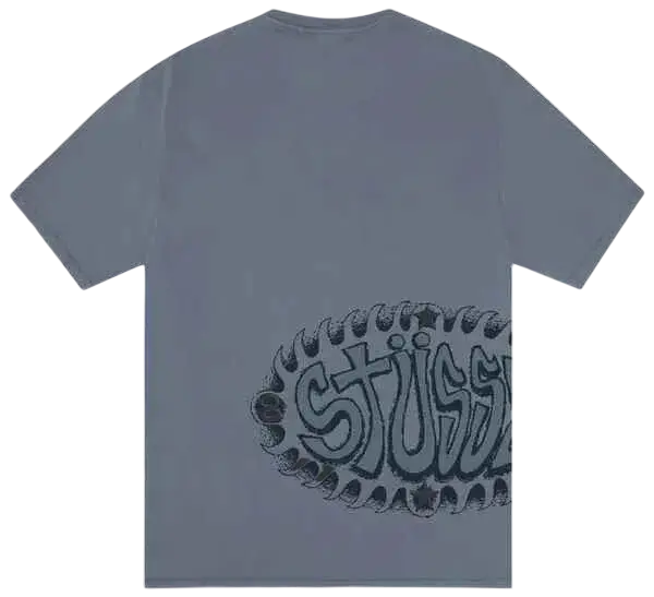 Back of a light blue stussy wave pigment dyed tee navy featuring a bold black graffiti style logo across the lower back