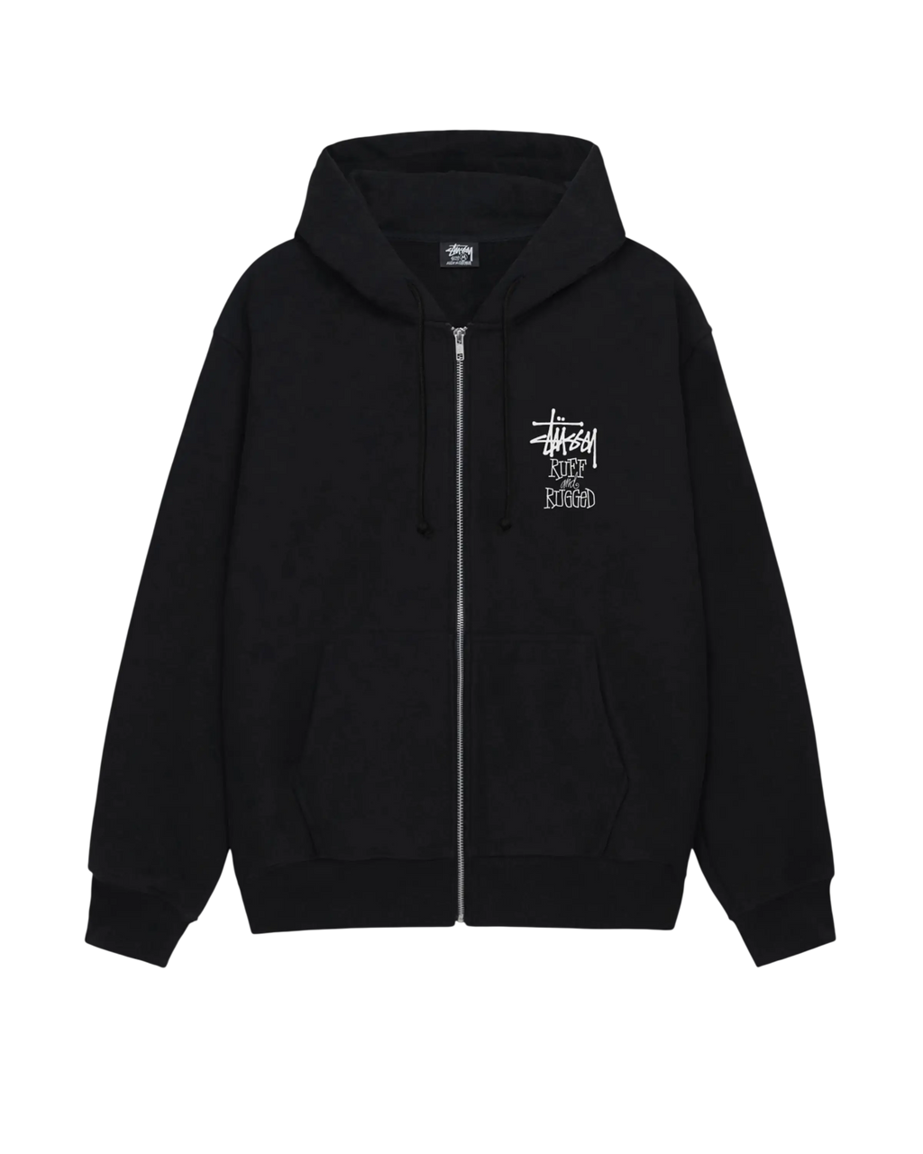 Black Stussy Well Suited zip up hoodie with white logo and text on the chest in a comfortable cotton blend