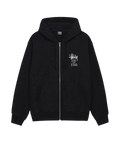 Black Stussy Well Suited zip up hoodie with white logo and text on the chest in a comfortable cotton blend
