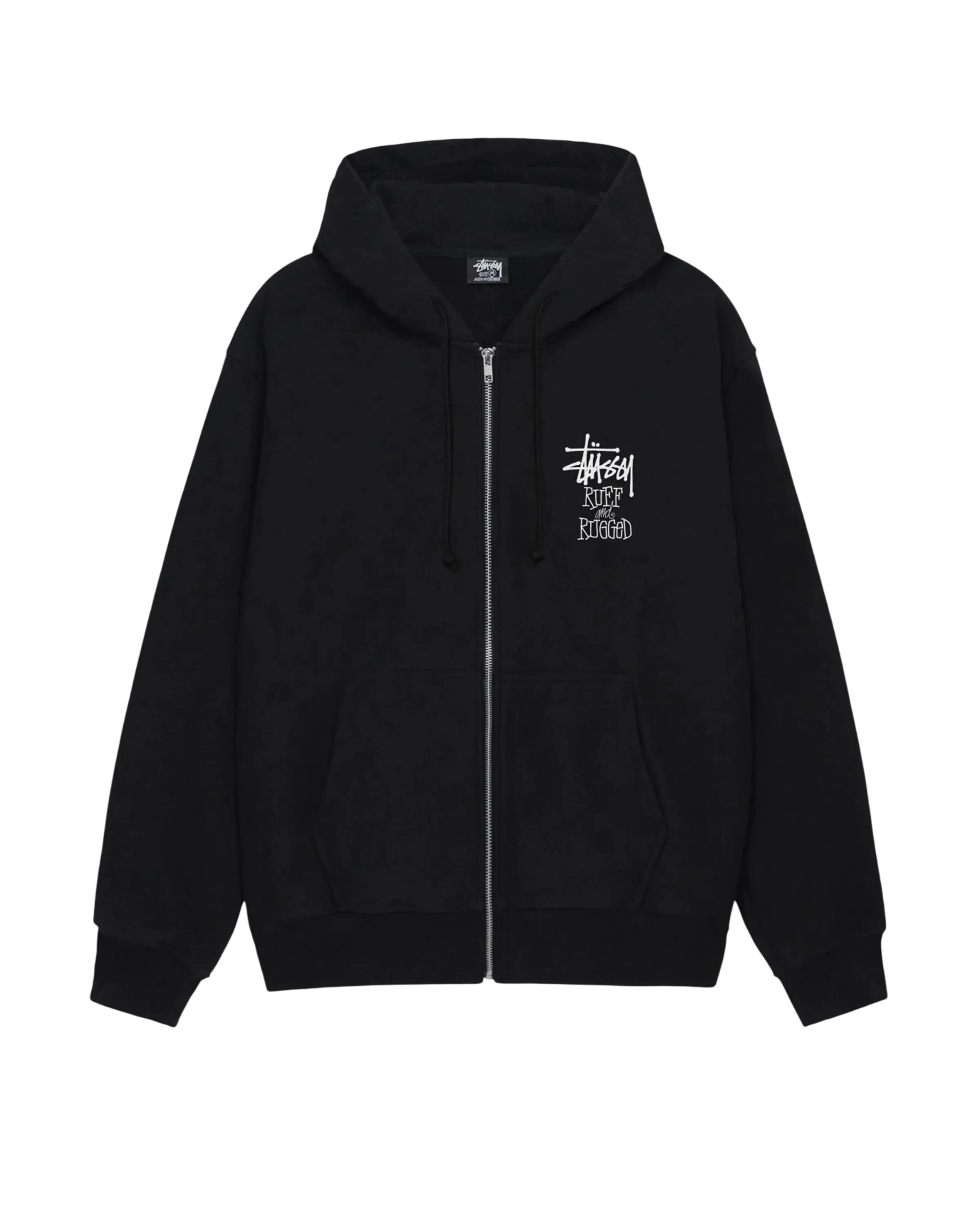 Black Stussy Well Suited zip up hoodie with white logo and text on the chest in a comfortable cotton blend