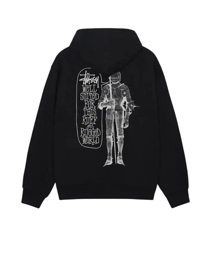 Black stussy well suited zip up hoodie showing the back with white line art knight graphic and text on black fabric
