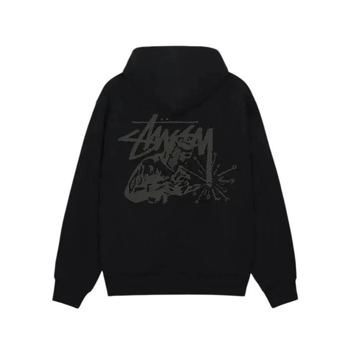 Back side of black stussy well welder zip up hoodie with bold gray and white graffiti style logo on the back