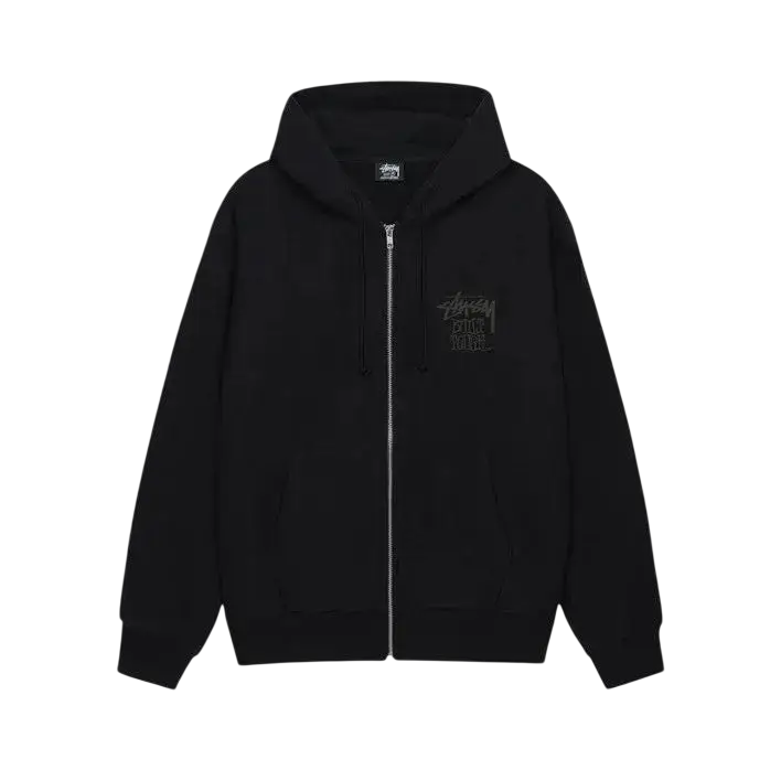 Black stussy well welder zip up hoodie with subtle embroidered logo on chest and matching drawstrings