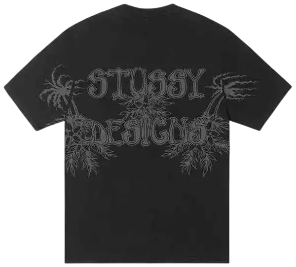 Black stussy wes palms tee with gray ornate graphic print featuring brand name and decorative foliage on front
