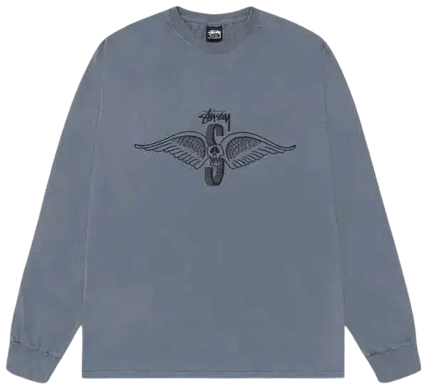 Light blue stussy wings long sleeve crewneck tee with black winged skull logo on the chest in soft cotton material
