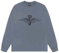 Light blue stussy wings long sleeve crewneck tee with black winged skull logo on the chest in soft cotton material
