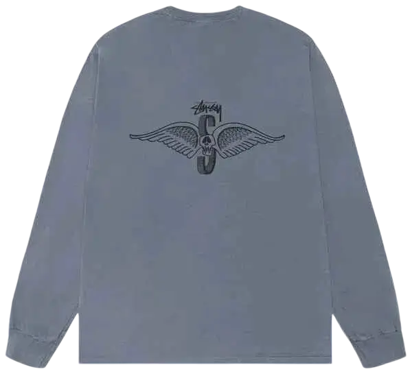 Light blue Stussy wings long sleeve tee navy featuring black wing and skull graphic with Stussy logo above