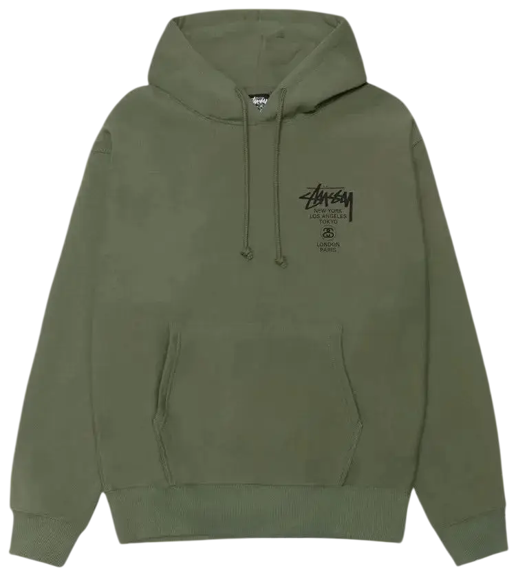 Olive green stussy world tour pullover hoodie with black logo and text on the left chest for casual wear