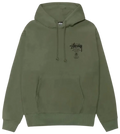Olive green stussy world tour pullover hoodie with black logo and text on the left chest for casual wear