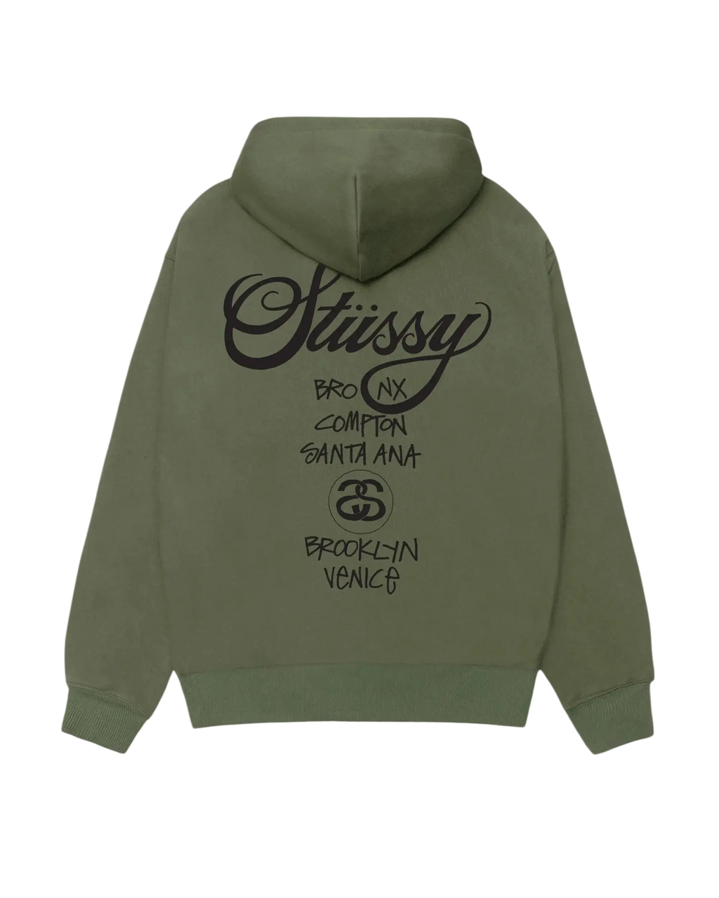 Light green stussy world tour pullover hoodie with black cursive branding and city names printed on the back side
